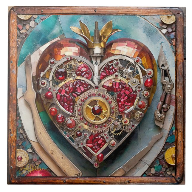 Ruby Pomegranate Heart Steampunk Series Ceramic Tile (Front)