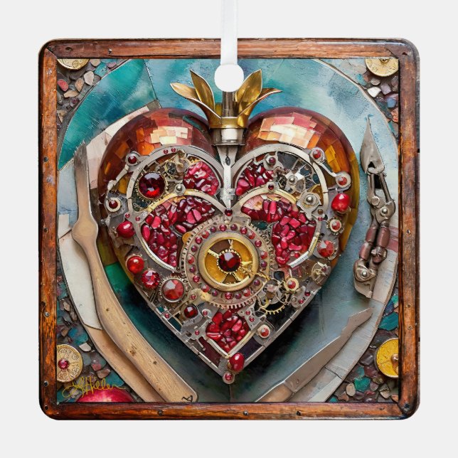 Ruby Pomegranate Heart Steampunk Series Metal Ornament (Front)