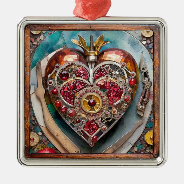 Ruby Pomegranate Heart Steampunk Series Metal Ornament (Front)