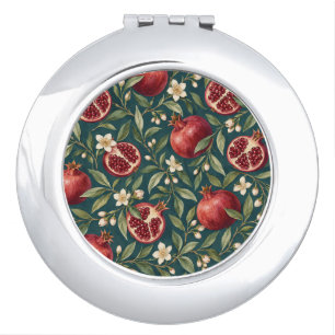 Ruby Pomegranates and Cream Blossoms on Teal Compact Mirror