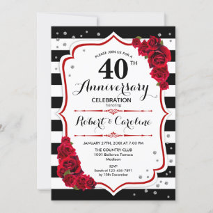 Ruby Red 40th Anniversary - Black White Stripes Invitation