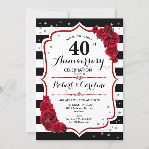 Ruby Red 40th Anniversary _ Black White Stripes Invitation