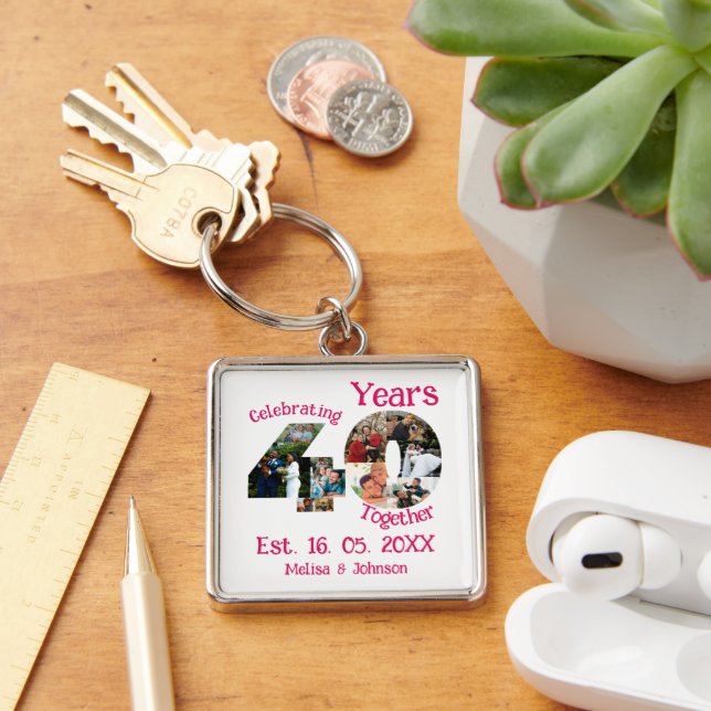 Ruby Red 40th Wedding Anniversary 11 Photo Collage Keychain (Desk)
