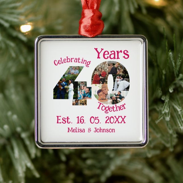 Ruby Red 40th Wedding Anniversary 11 Photo Collage Metal Ornament (Tree)
