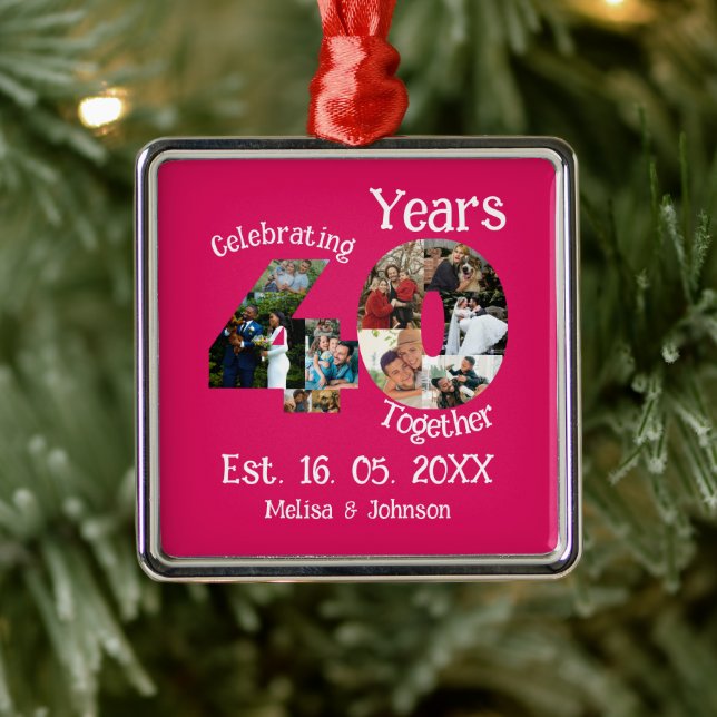 Ruby Red 40th Wedding Anniversary 11 Photo Collage Metal Ornament (Tree)