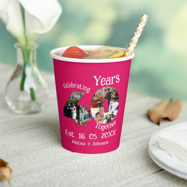 Ruby Red 40th Wedding Anniversary 11 Photo Collage Paper Cups (Insitu)