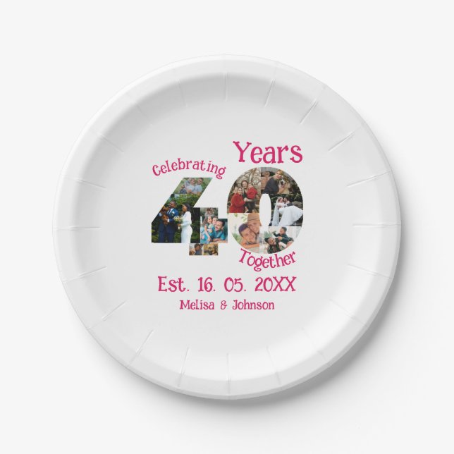 Ruby Red 40th Wedding Anniversary 11 Photo Collage Paper Plates (Front)