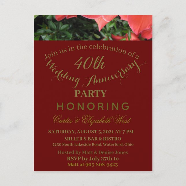Ruby Red 40th Wedding Anniversary Invitation Postcard (Front)