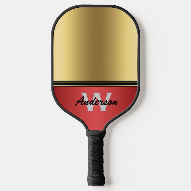 Ruby Red and Gold personalize Monogram & Name Pickleball Paddle (Front)