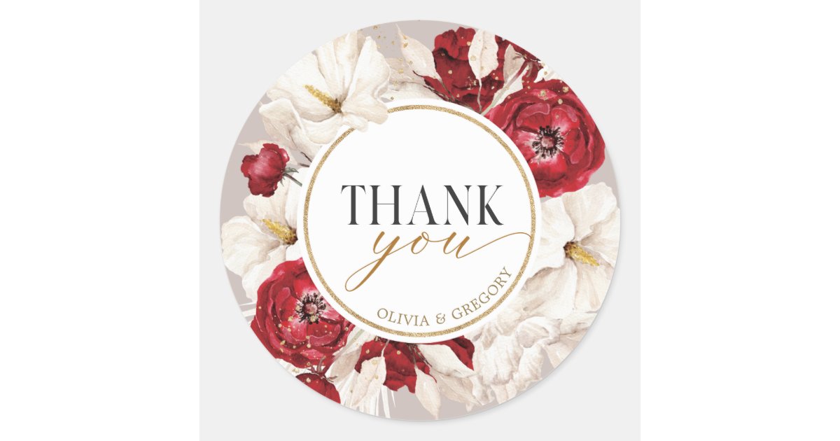 Ruby red and white floral thank you Sticker | Zazzle