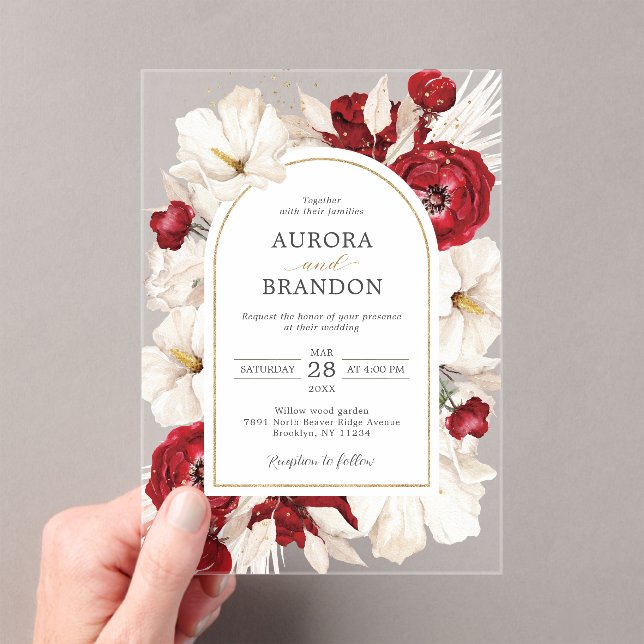 Ruby red and white floral wedding acrylic invitations (Insitu (Handheld))