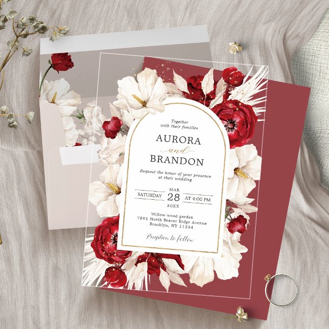 Ruby red and white floral wedding acrylic invitations (Creator Uploaded)