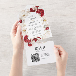 Ruby red and white floral wedding all in one invitation