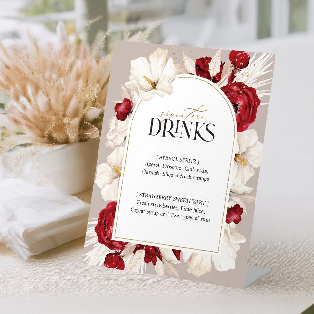 Ruby red and white floral wedding bar menu pedestal sign (Creator Uploaded)