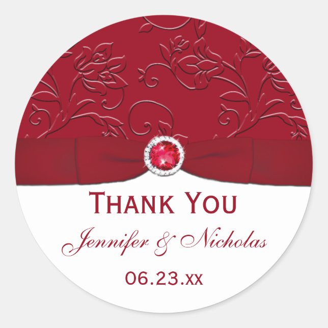 Ruby Red and White Floral Wedding Favor Sticker (Front)