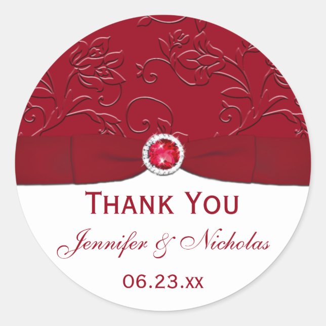 Ruby Red and White Floral Wedding Favor Sticker (Front)