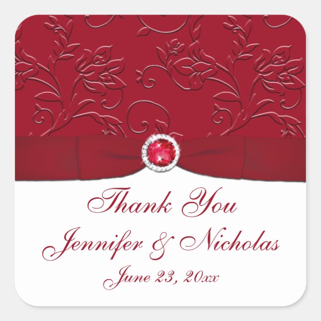 Ruby Red and White Floral Wedding Favor Sticker (Front)