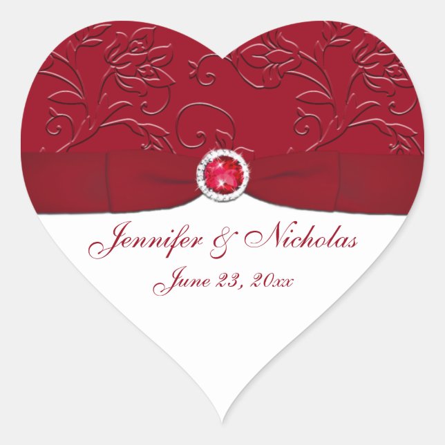 Ruby Red and White Floral Wedding Favor Sticker (Front)