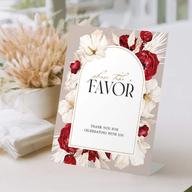 Ruby red and white floral wedding favors table pedestal sign (Creator Uploaded)