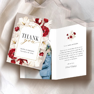 Ruby red and white floral wedding foled thank you card