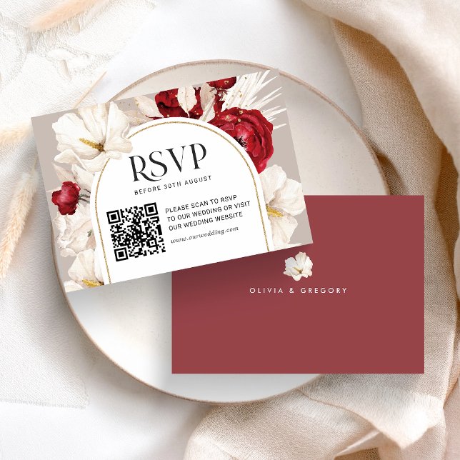 Ruby red and white floral wedding RSVP with QRcode Card (Creator Uploaded)
