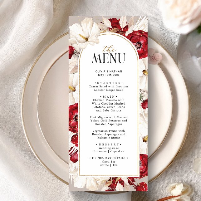 Ruby red and white floral wedding Wedding Dinner Menu (Creator Uploaded)