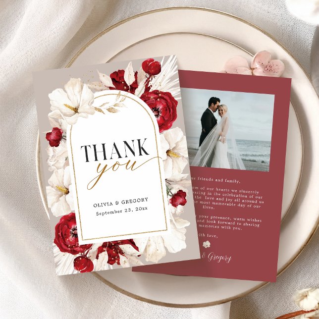Ruby red and white floral wedding with photo thank you card (Creator Uploaded)