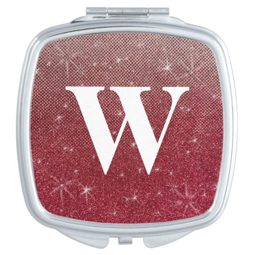 Ruby Red and White Ombre Sparkles Glitter Monogram Compact Mirror