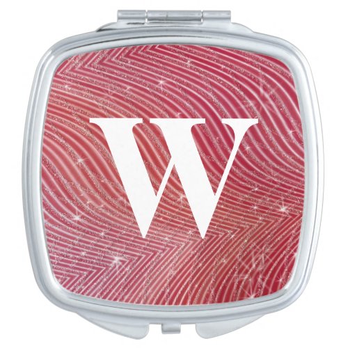 Ruby Red and White Wedding Stripe Glitter Monogram Compact Mirror
