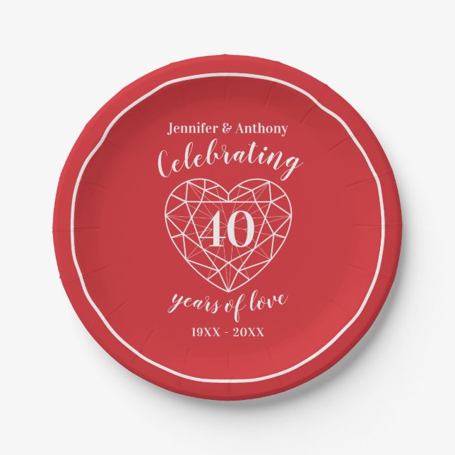 Ruby red anniversary 40 years party plates (Front)