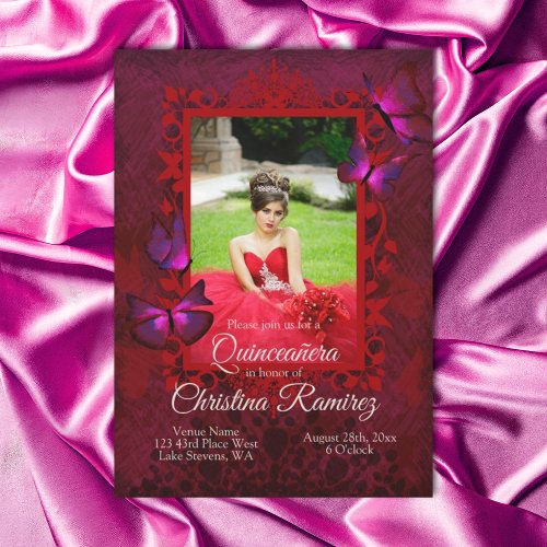 Ruby Red Antique Butterfly Quinceanera Invitation