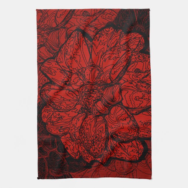 Ruby Red & Black Dahlia Floral Kitchen Towel (Vertical)