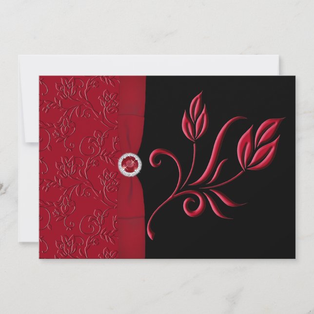 Ruby Red, Black Floral Wedding Invitation (Front)