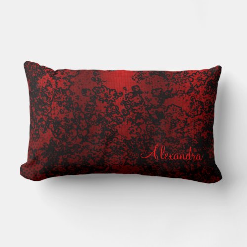 Ruby red black stylish floral vibrant elegant lumbar pillow