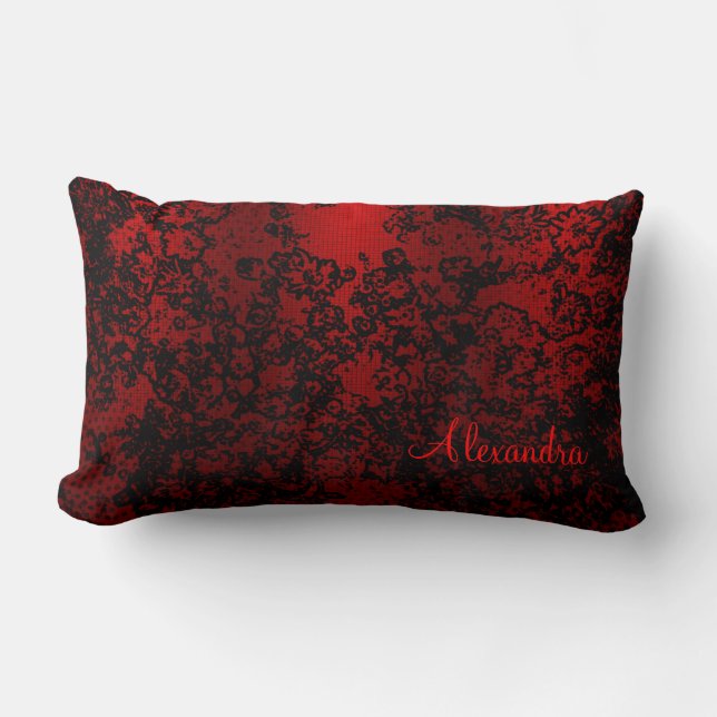 Ruby red black stylish floral vibrant elegant lumbar pillow (Front)