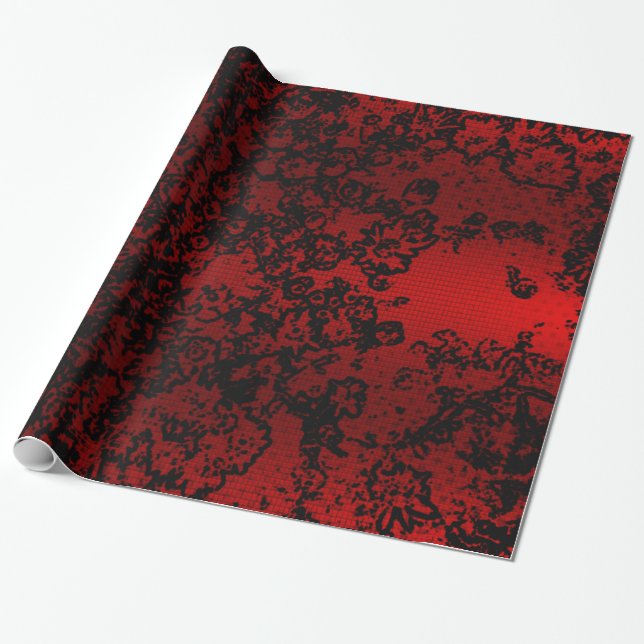 Ruby red black stylish floral vibrant elegant wrapping paper (Unrolled)