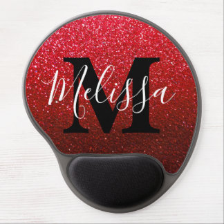 Ruby Red Black White Glitter Ombre Monogram Name Gel Mouse Pad