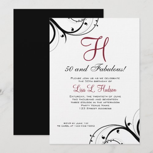 Ruby Red Black White Swirls 50th Birthday Personalized Invitation