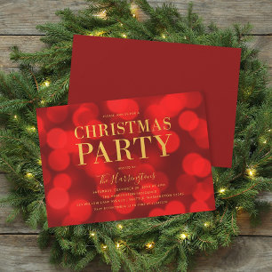 Ruby Red Bokeh Lights Faux Gold Christmas Party Invitation