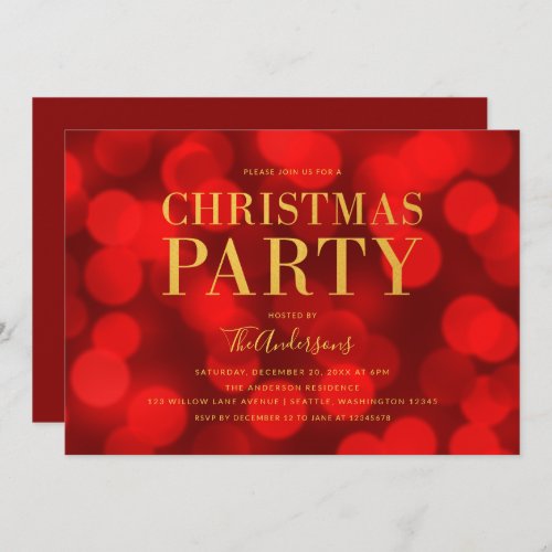 Ruby Red Bokeh Lights Faux Gold Christmas Party Invitation