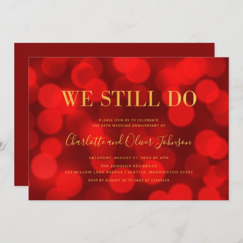 Ruby Red Bokeh Lights Gold Wedding Anniversary Invitation