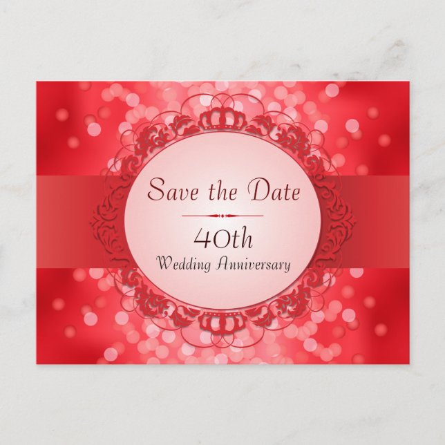 Ruby Red Bokeh Save the Date 40th Anniversary Announcement Postcard (Front)
