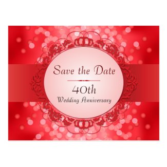 Ruby Red Bokeh Save the Date 40th Anniversary Postcard