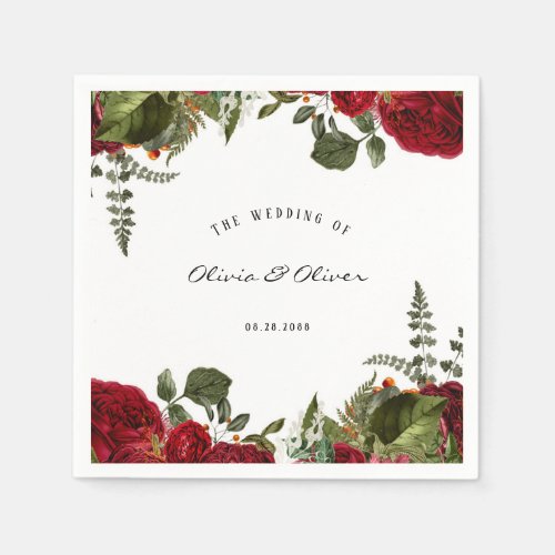 Ruby Red Botanical Peonies Wedding Napkins