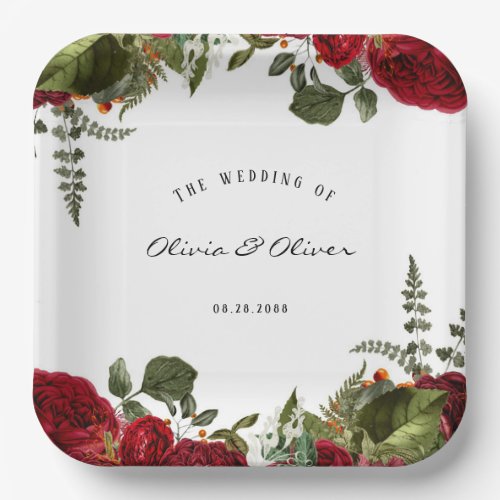 Ruby Red Botanical Peonies Wedding  Paper Plates