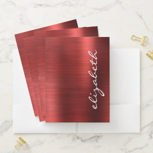 Ruby Red Brushed Metal Signature Script Pocket Folder