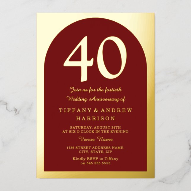 Ruby Red Burgundy 40th Wedding Anniversary Gold  Foil Invitation (Front)