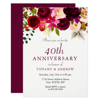 Ruby Red Burgundy Floral 40th Wedding Anniversary Invitation