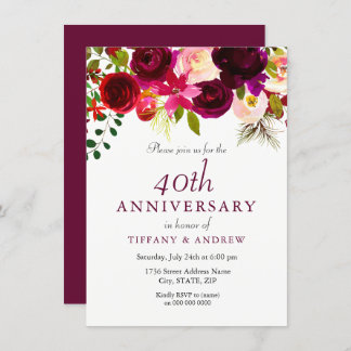 Ruby Red Burgundy Floral 40th Wedding Anniversary Invitation