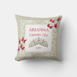 Ruby Red Butterflies, Champaign Gold Tiara Throw Pillow